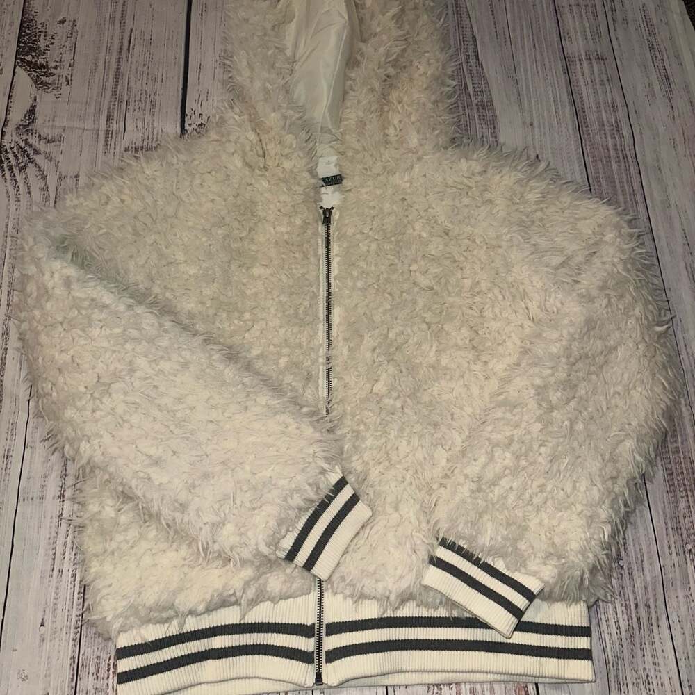 Azur Faux Fur Zip-Up Hoodie Jacket White Striped Trim Size L/G